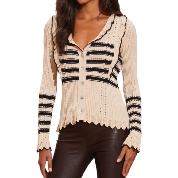 Odd Molly Sweaters - Odd Molly Gwen Cardigan Cream and Black Stripes Size Small